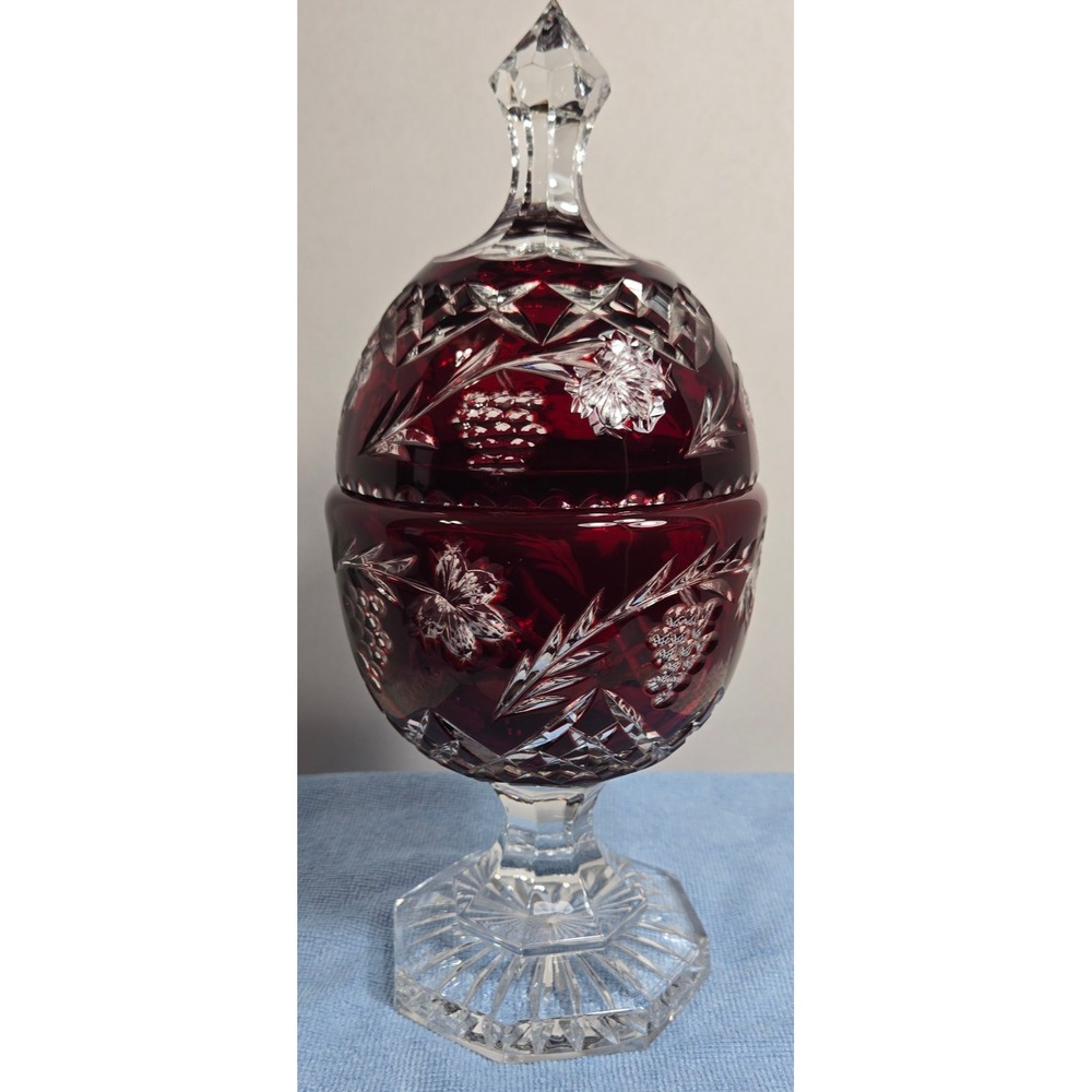 Ajka Magda Nemeth Red Cut to Clear Crystal Apothecary Jar w lid Compote Candy bx